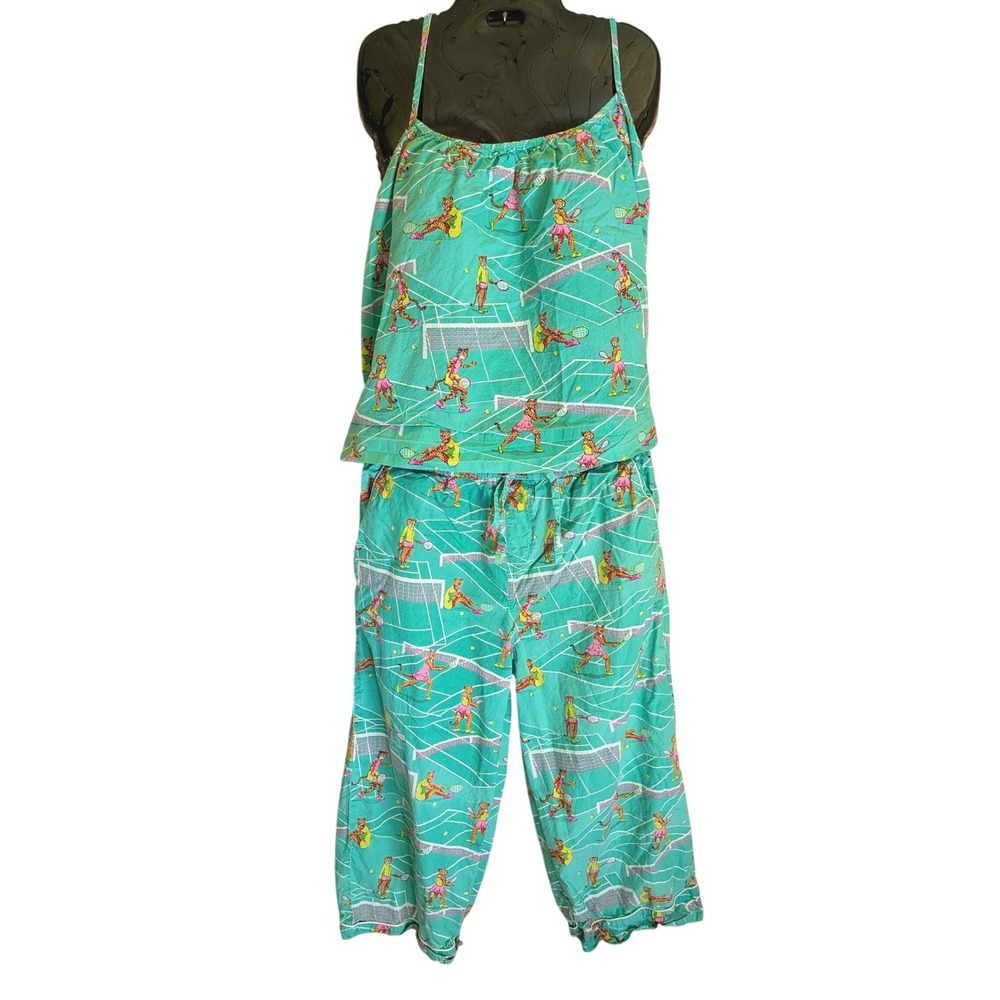 Print Fresh Pajama Set Women M Courtside Cats Tennis Cheetah Organic Cotton Cute